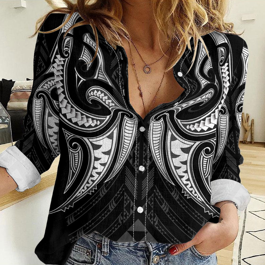 Maori Rugby Custom Ngaru Mangopare Women Casual Shirt Black Whetu Niho Taniwha Motif