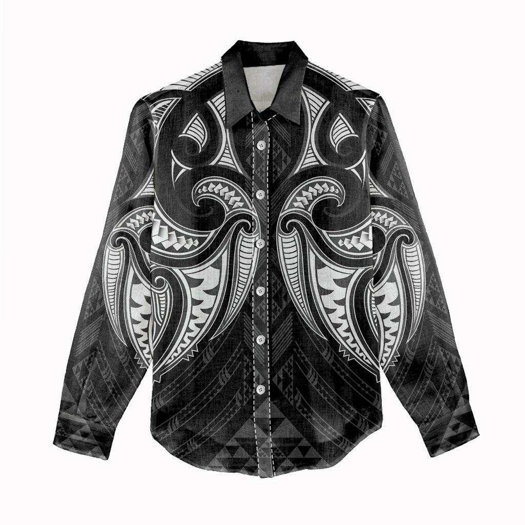 Maori Rugby Custom Ngaru Mangopare Women Casual Shirt Black Whetu Niho Taniwha Motif