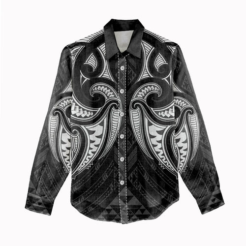 Maori Rugby Custom Ngaru Mangopare Women Casual Shirt Black Whetu Niho Taniwha Motif