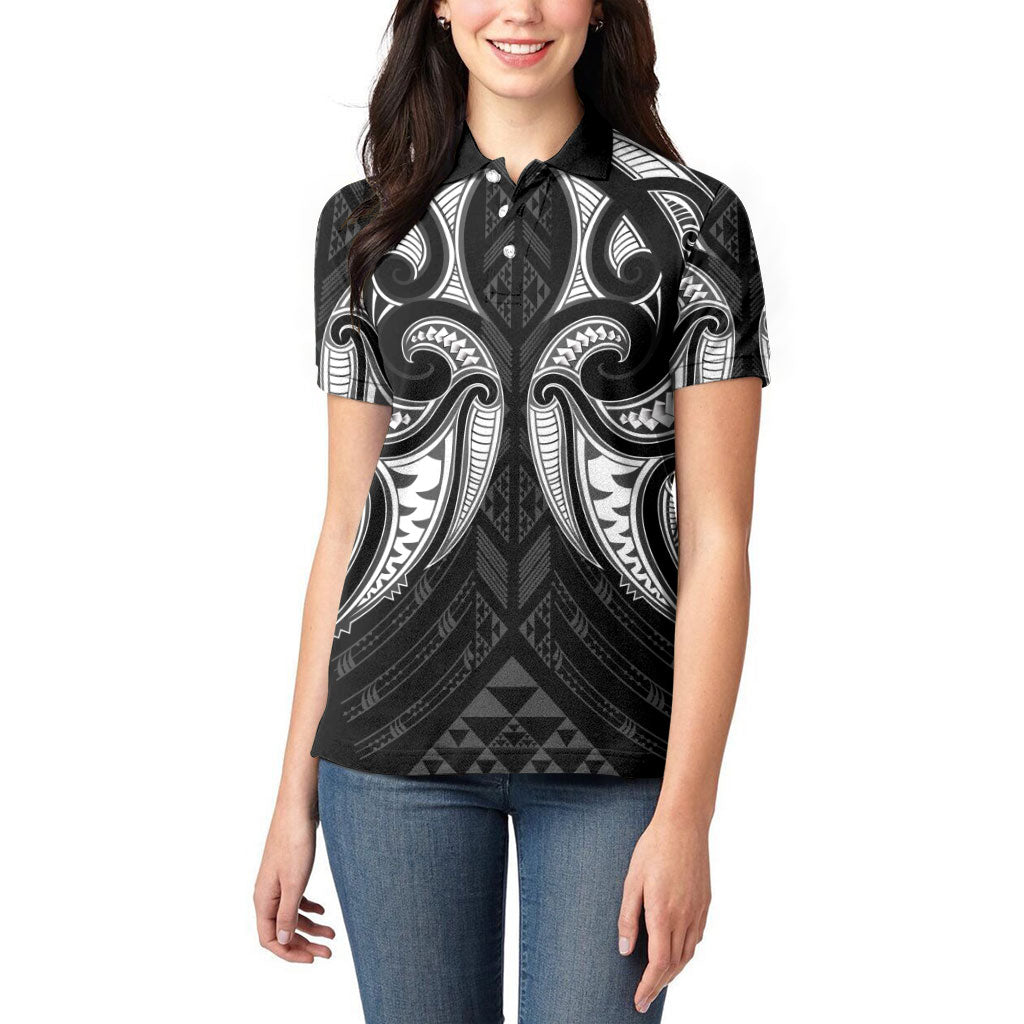 Maori Rugby Custom Ngaru Mangopare Women Polo Shirt Black Whetu Niho Taniwha Motif