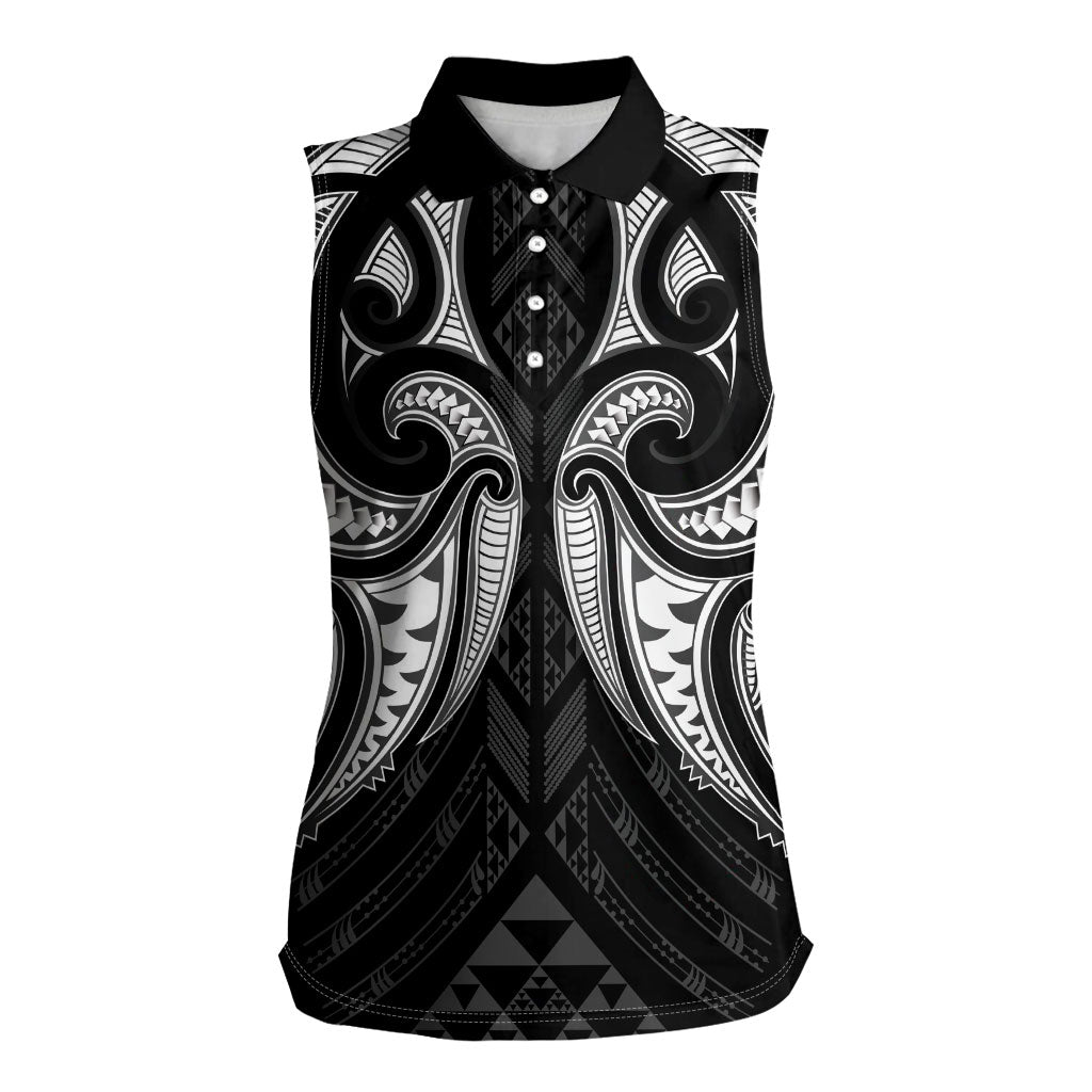 Maori Rugby Custom Ngaru Mangopare Women Sleeveless Polo Shirt Black Whetu Niho Taniwha Motif