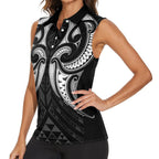 Maori Rugby Custom Ngaru Mangopare Women Sleeveless Polo Shirt Black Whetu Niho Taniwha Motif