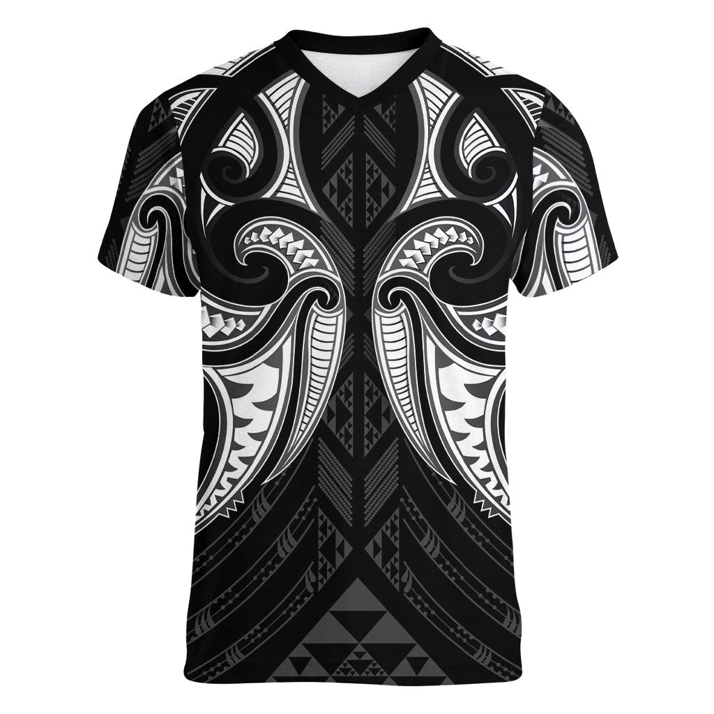 Maori Rugby Custom Ngaru Mangopare Women V-Neck T-Shirt Black Whetu Niho Taniwha Motif
