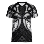 Maori Rugby Custom Ngaru Mangopare Women V-Neck T-Shirt Black Whetu Niho Taniwha Motif