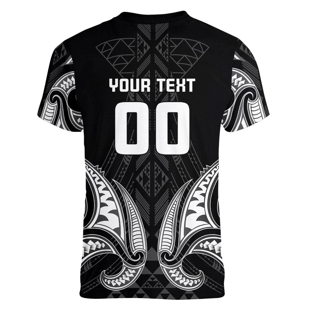 Maori Rugby Custom Ngaru Mangopare Women V-Neck T-Shirt Black Whetu Niho Taniwha Motif