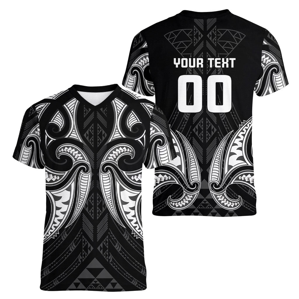 Maori Rugby Custom Ngaru Mangopare Women V-Neck T-Shirt Black Whetu Niho Taniwha Motif