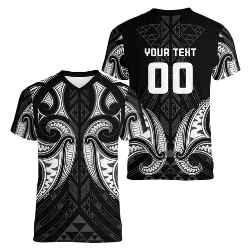 Maori Rugby Custom Ngaru Mangopare Women V-Neck T-Shirt Black Whetu Niho Taniwha Motif