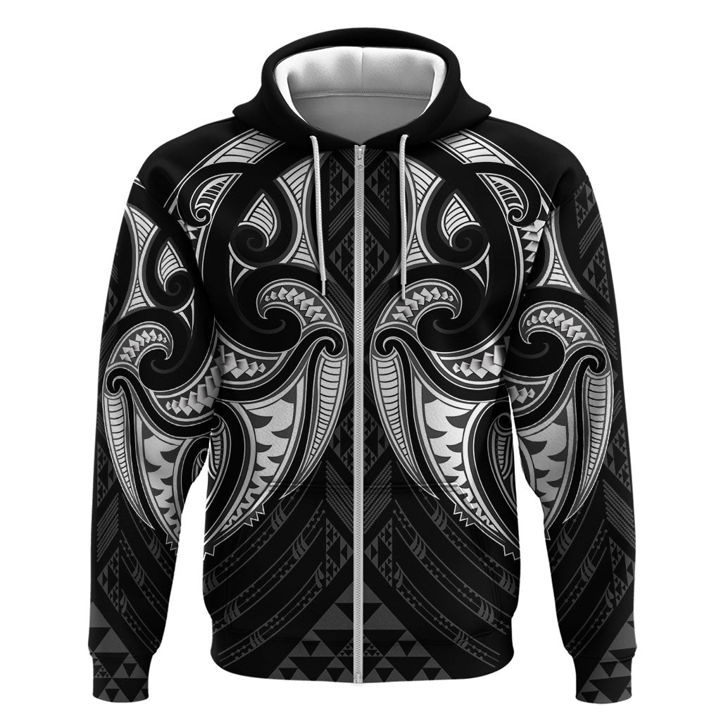 Maori Rugby Custom Ngaru Mangopare Zip Hoodie Black Whetu Niho Taniwha Motif