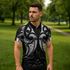 Maori Rugby Custom Ngaru Mangopare Zipper Polo Shirt Black Whetu Niho Taniwha Motif