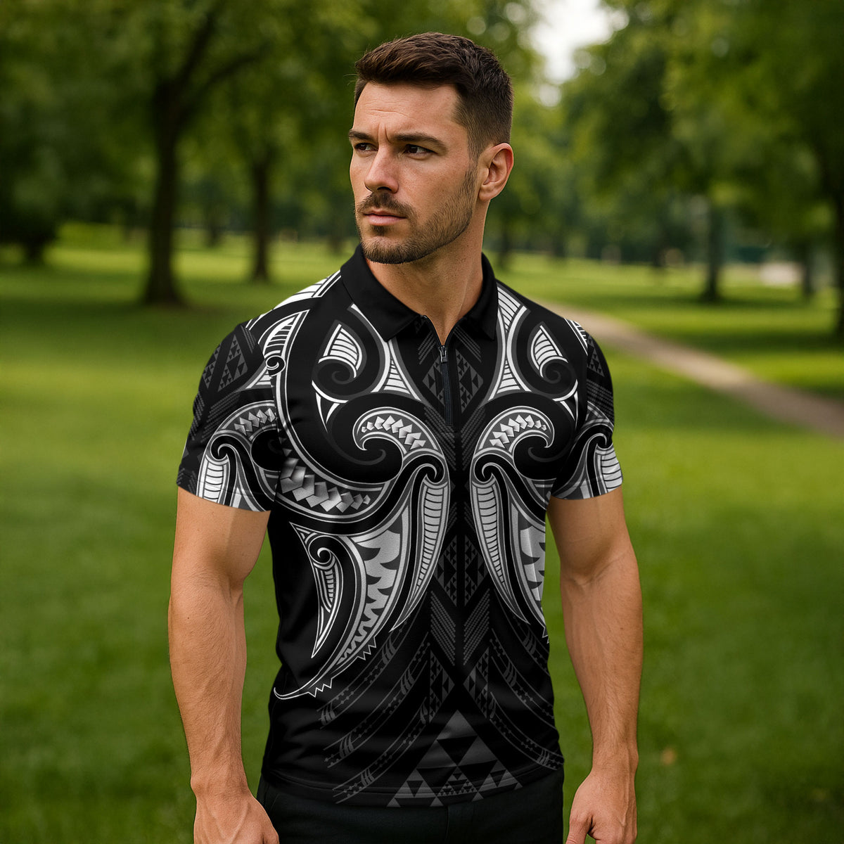 Maori Rugby Custom Ngaru Mangopare Zipper Polo Shirt Black Whetu Niho Taniwha Motif