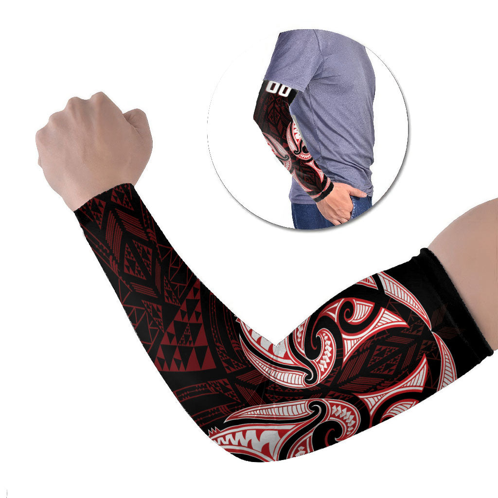 Maori Rugby Custom Ngaru Mangopare Arm Sleeves Black Red Whetu Niho Taniwha Motif