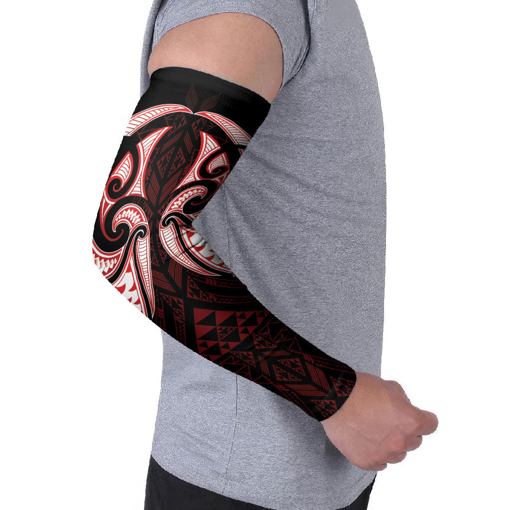 Maori Rugby Custom Ngaru Mangopare Arm Sleeves Black Red Whetu Niho Taniwha Motif