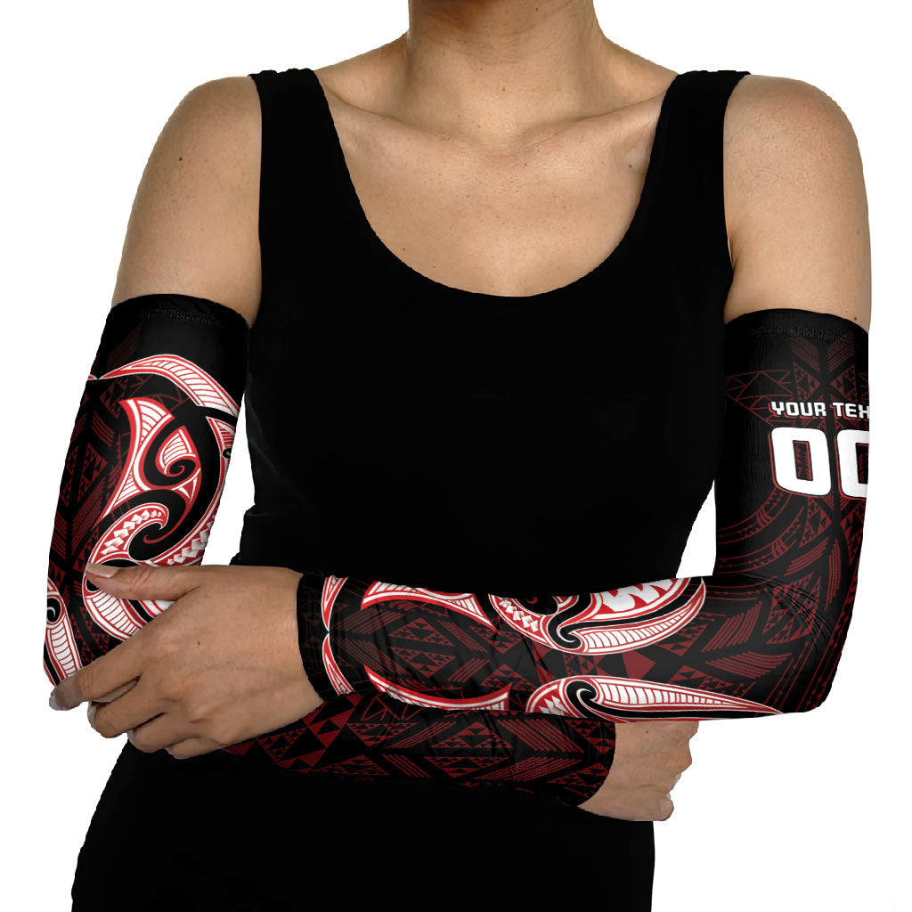 Maori Rugby Custom Ngaru Mangopare Arm Sleeves Black Red Whetu Niho Taniwha Motif