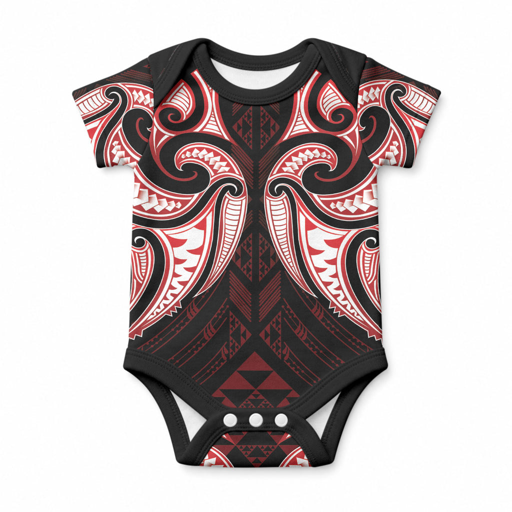 Maori Rugby Custom Ngaru Mangopare Baby Onesie Black Red Whetu Niho Taniwha Motif