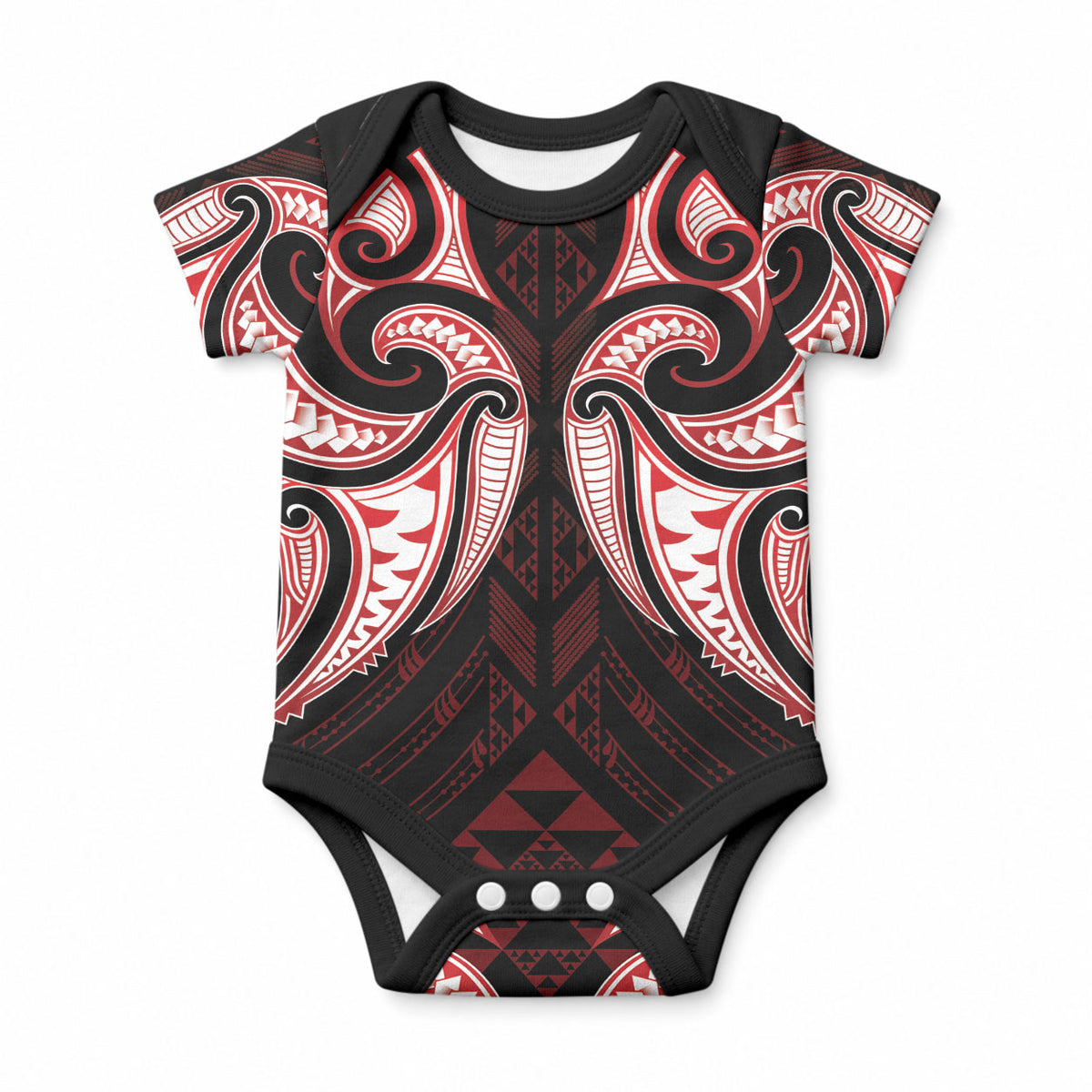 Maori Rugby Custom Ngaru Mangopare Baby Onesie Black Red Whetu Niho Taniwha Motif