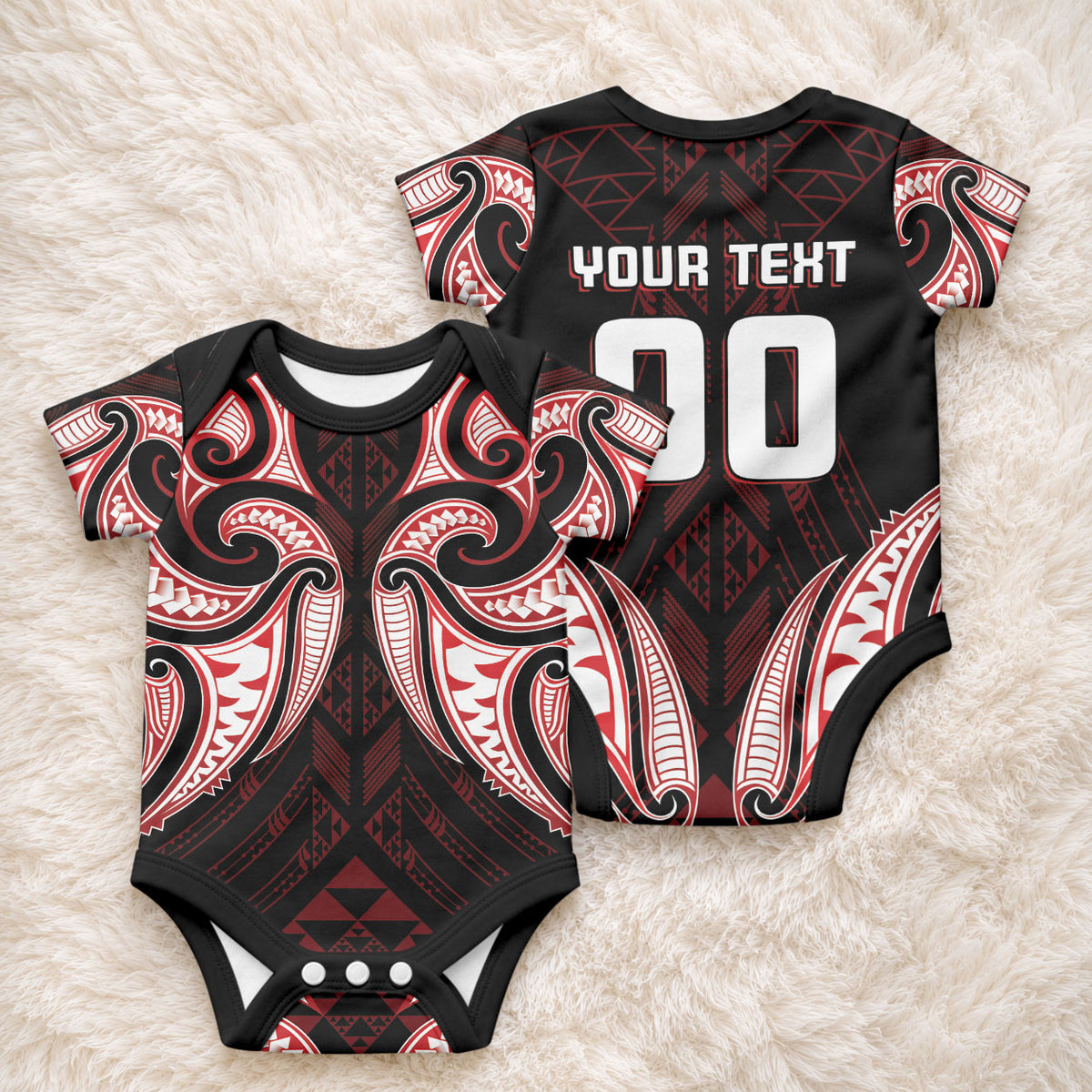Maori Rugby Custom Ngaru Mangopare Baby Onesie Black Red Whetu Niho Taniwha Motif