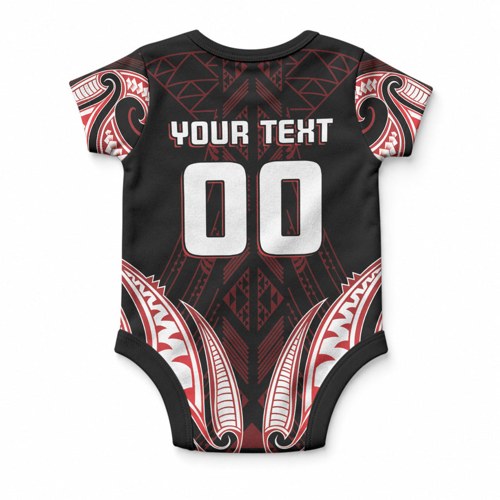 Maori Rugby Custom Ngaru Mangopare Baby Onesie Black Red Whetu Niho Taniwha Motif