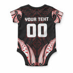Maori Rugby Custom Ngaru Mangopare Baby Onesie Black Red Whetu Niho Taniwha Motif