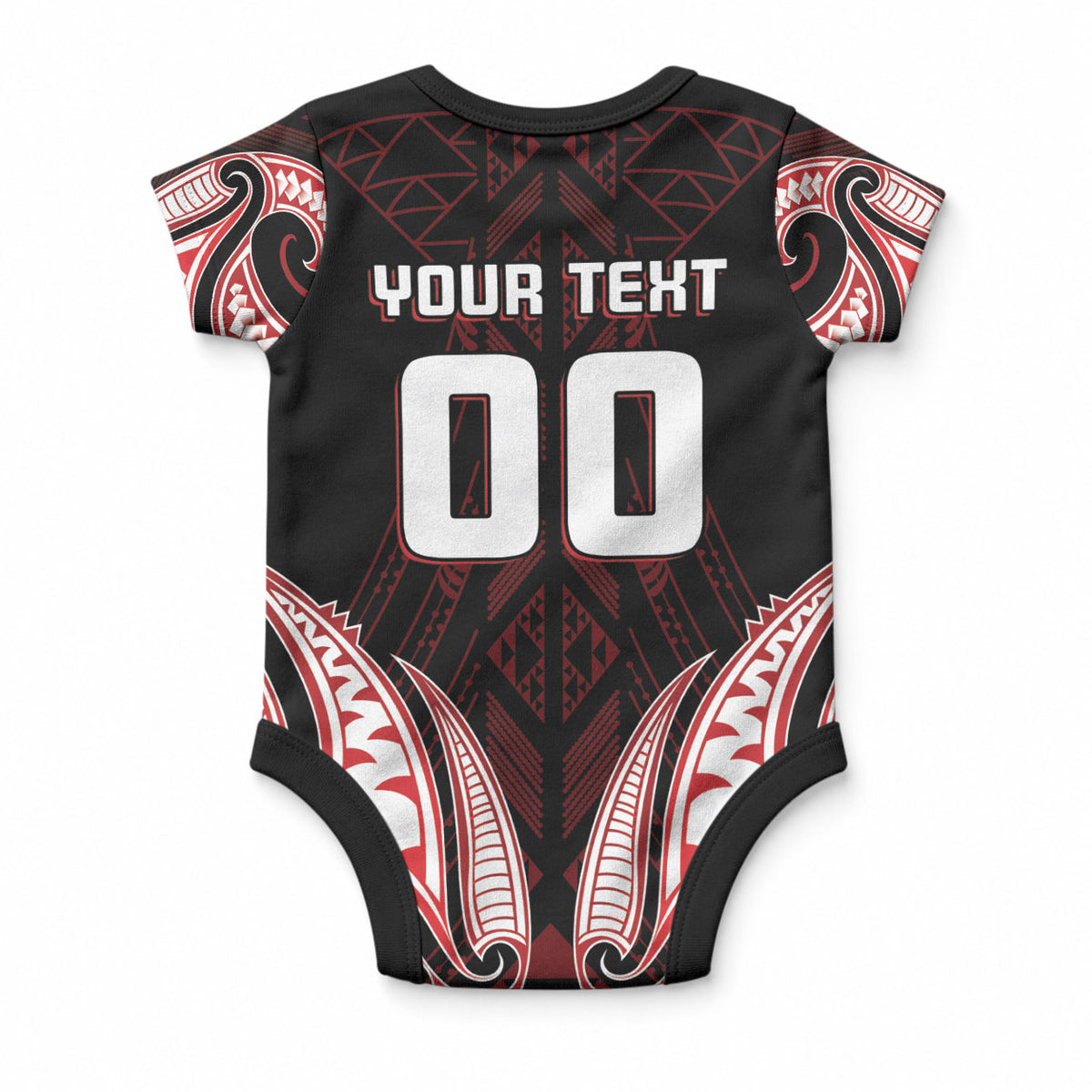 Maori Rugby Custom Ngaru Mangopare Baby Onesie Black Red Whetu Niho Taniwha Motif