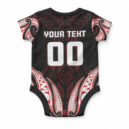 Maori Rugby Custom Ngaru Mangopare Baby Onesie Black Red Whetu Niho Taniwha Motif