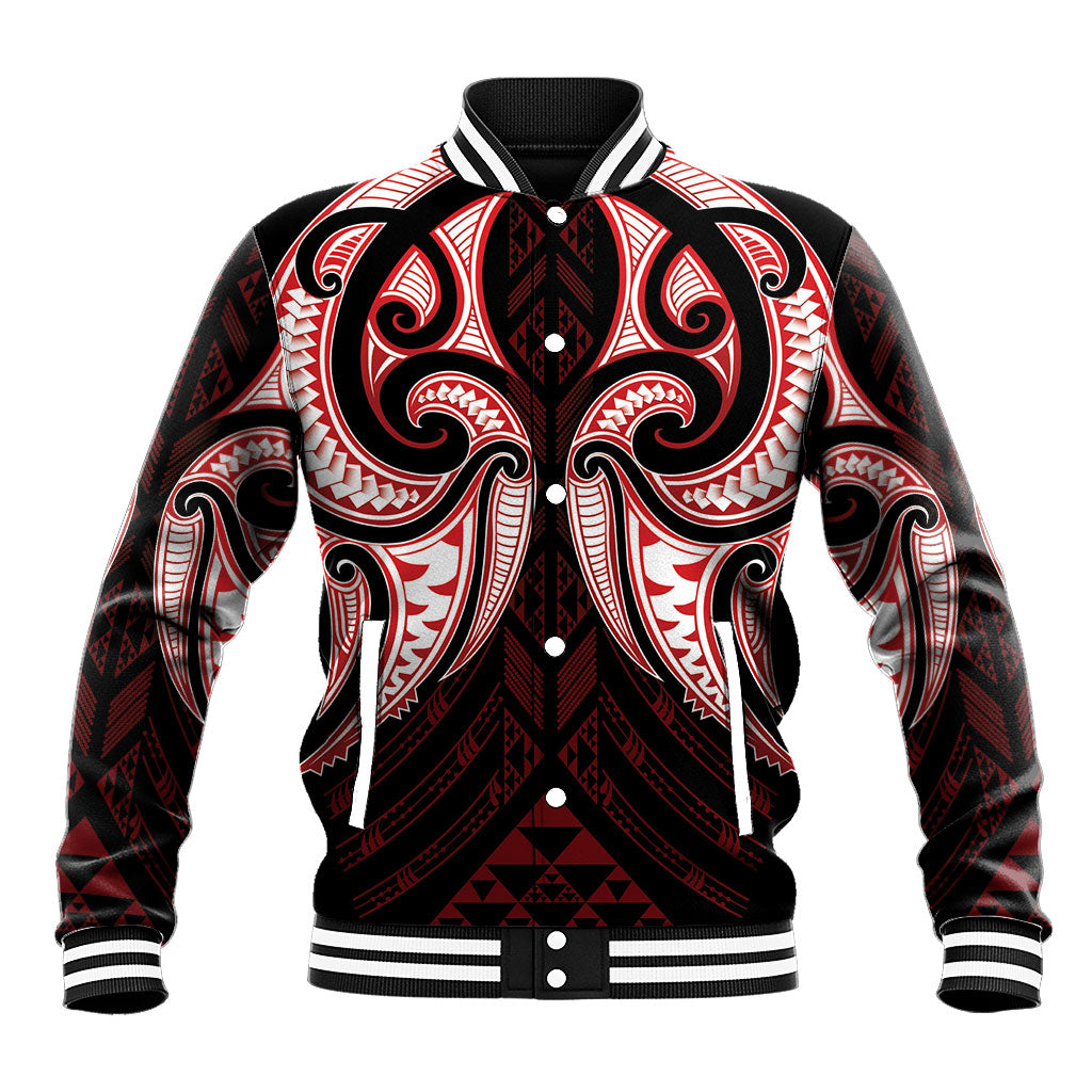 Maori Rugby Custom Ngaru Mangopare Baseball Jacket Black Red Whetu Niho Taniwha Motif