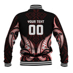 Maori Rugby Custom Ngaru Mangopare Baseball Jacket Black Red Whetu Niho Taniwha Motif
