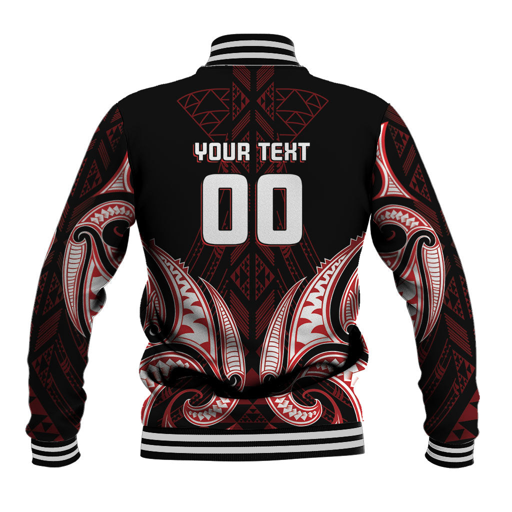 Maori Rugby Custom Ngaru Mangopare Baseball Jacket Black Red Whetu Niho Taniwha Motif