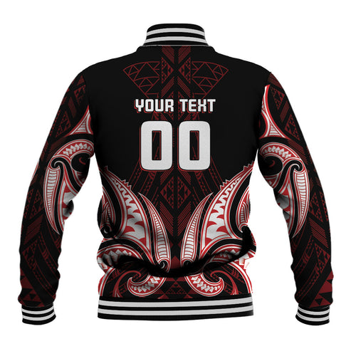 Maori Rugby Custom Ngaru Mangopare Baseball Jacket Black Red Whetu Niho Taniwha Motif