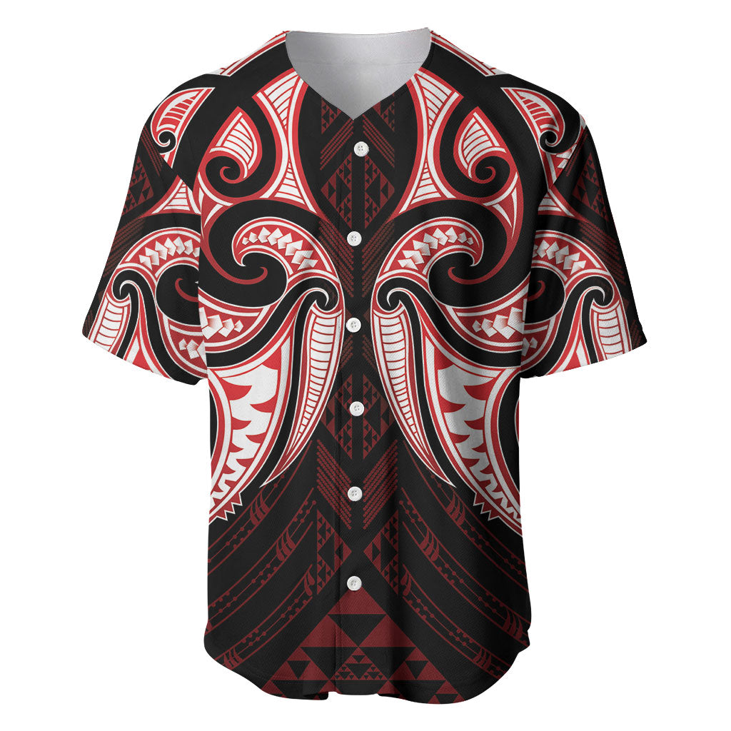 Maori Rugby Custom Ngaru Mangopare Baseball Jersey Black Red Whetu Niho Taniwha Motif