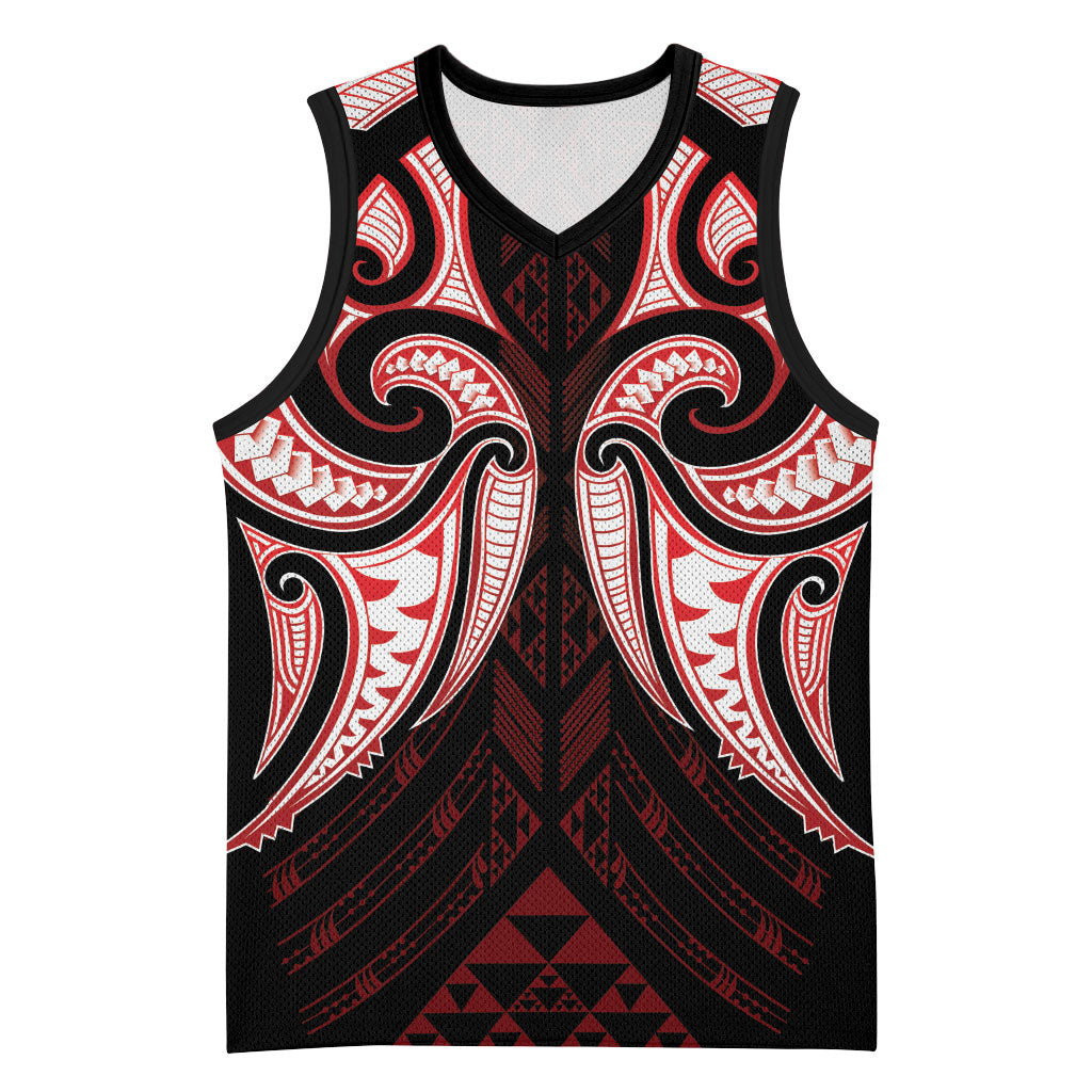 Maori Rugby Custom Ngaru Mangopare Basketball Jersey Black Red Whetu Niho Taniwha Motif