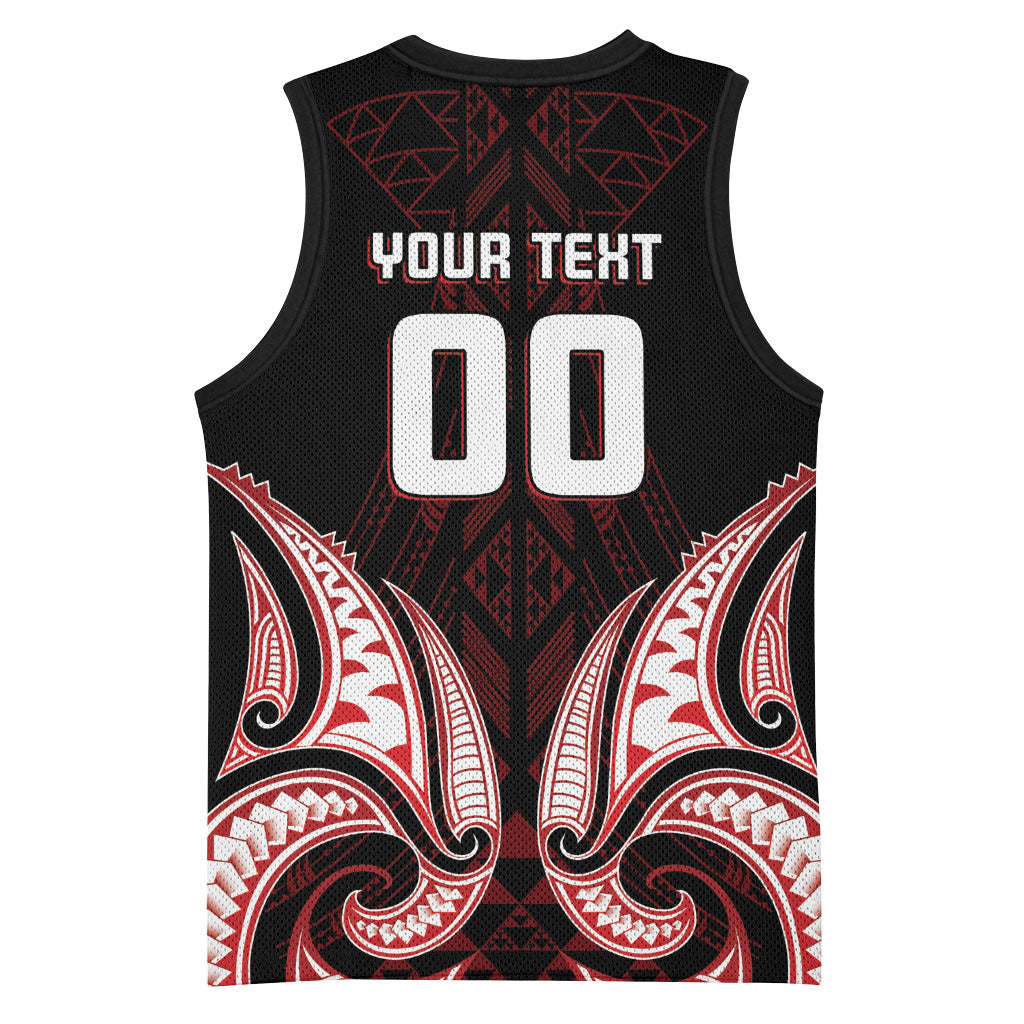 Maori Rugby Custom Ngaru Mangopare Basketball Jersey Black Red Whetu Niho Taniwha Motif