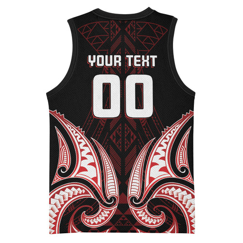 Maori Rugby Custom Ngaru Mangopare Basketball Jersey Black Red Whetu Niho Taniwha Motif