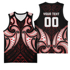Maori Rugby Custom Ngaru Mangopare Basketball Jersey Black Red Whetu Niho Taniwha Motif