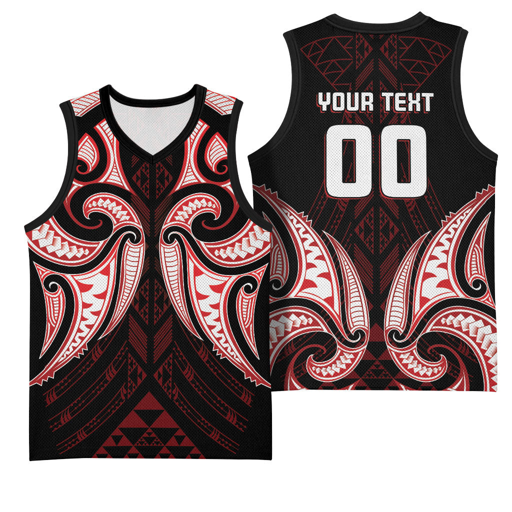 Maori Rugby Custom Ngaru Mangopare Basketball Jersey Black Red Whetu Niho Taniwha Motif