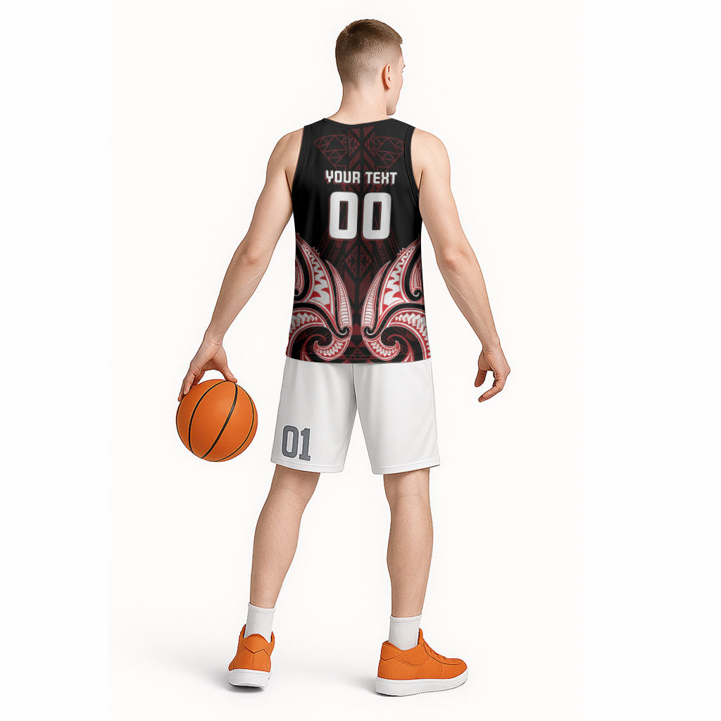 Maori Rugby Custom Ngaru Mangopare Basketball Jersey Black Red Whetu Niho Taniwha Motif