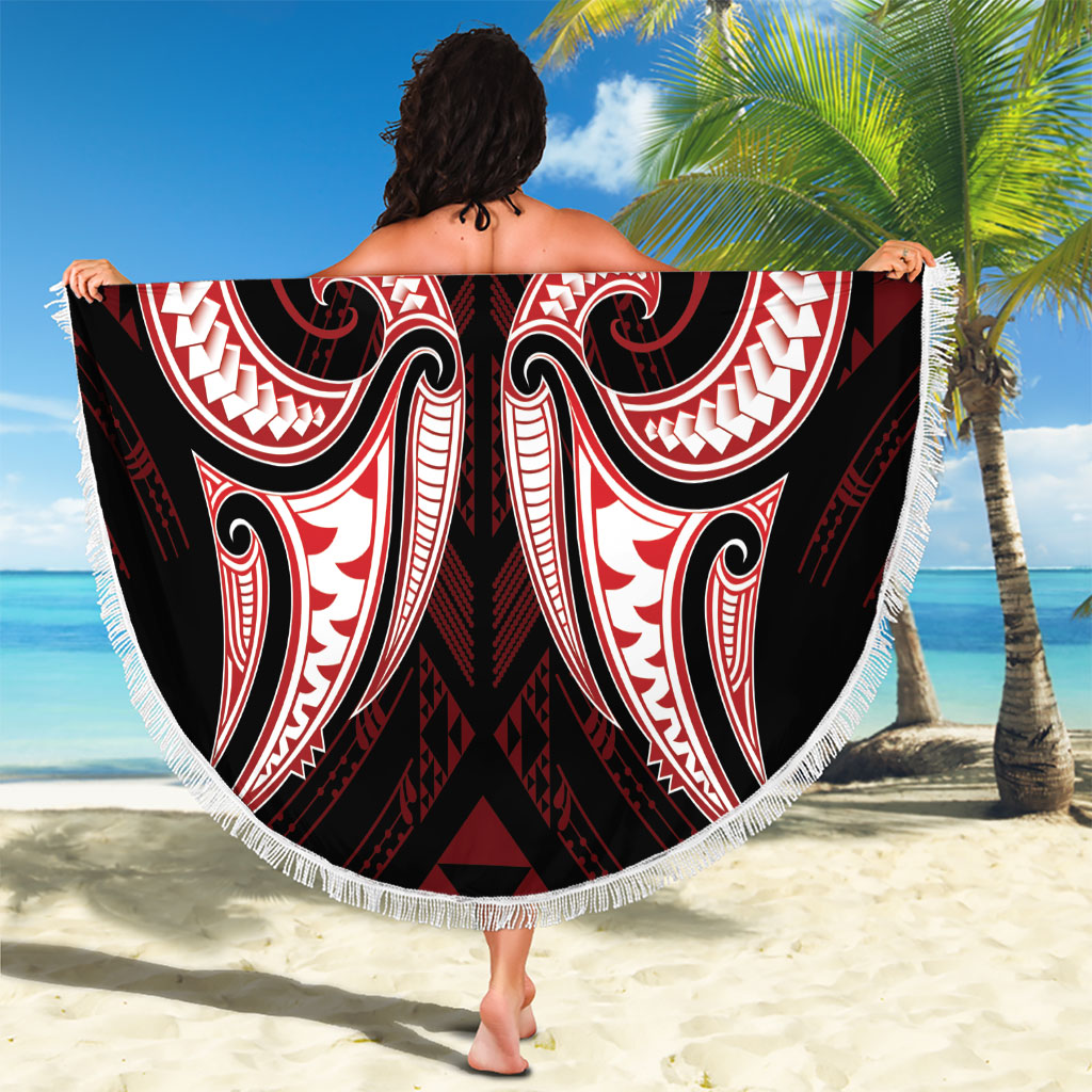 Maori Rugby Custom Ngaru Mangopare Beach Blanket Black Red Whetu Niho Taniwha Motif