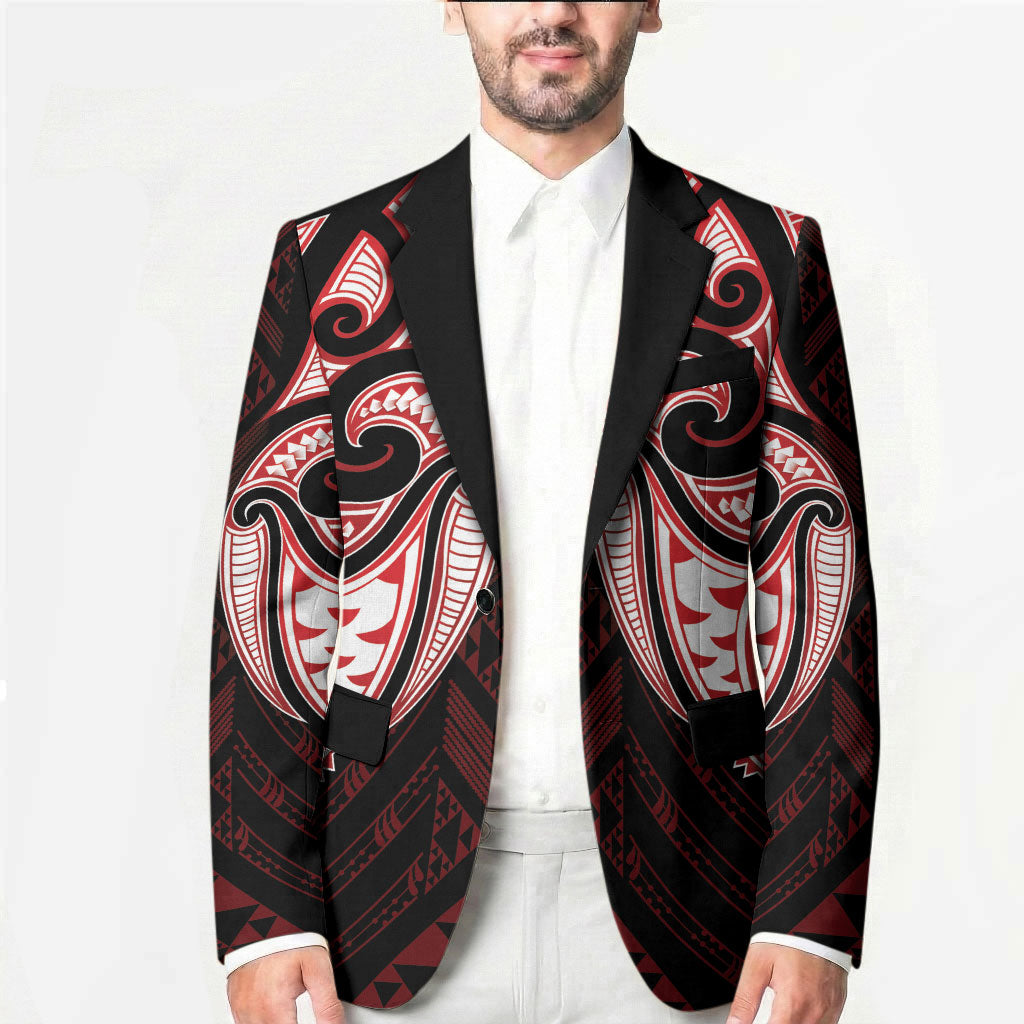 Maori Rugby Custom Ngaru Mangopare Blazer Black Red Whetu Niho Taniwha Motif
