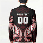 Maori Rugby Custom Ngaru Mangopare Blazer Black Red Whetu Niho Taniwha Motif