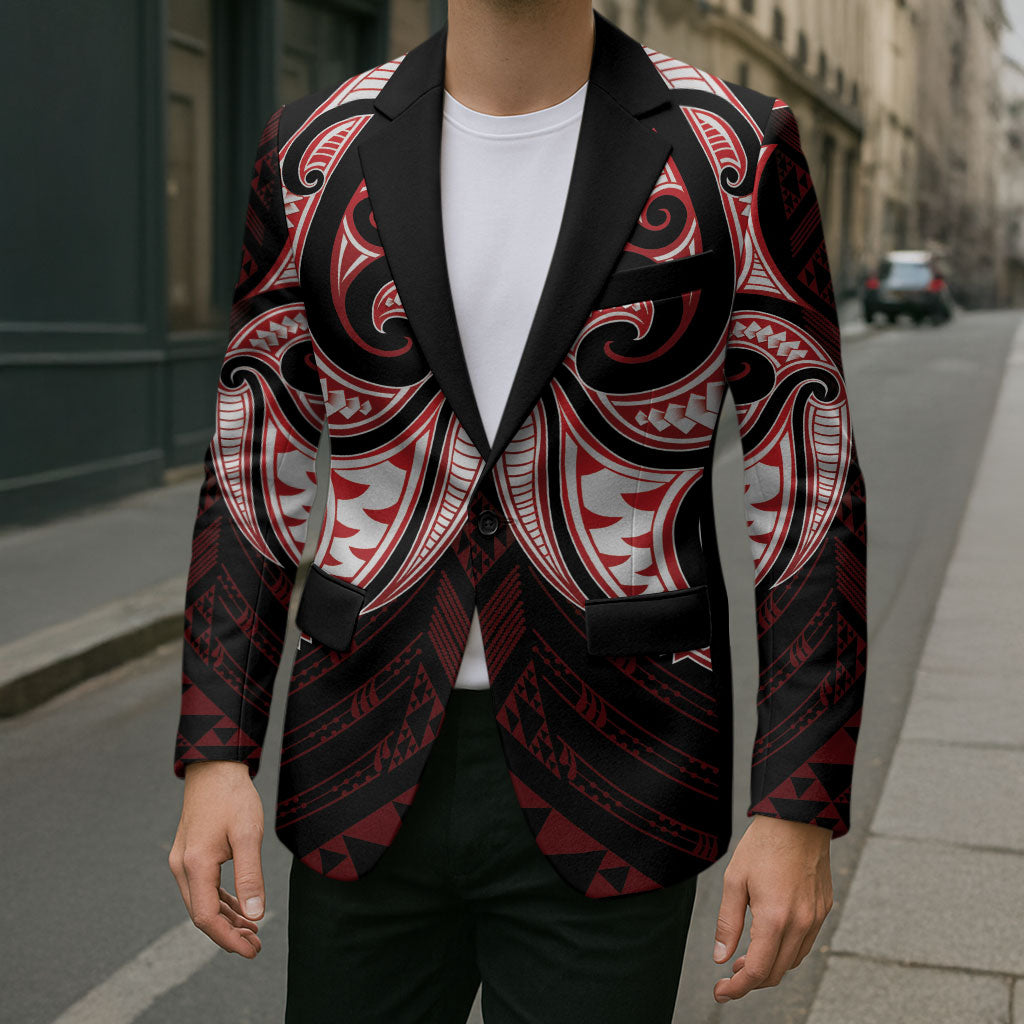 Maori Rugby Custom Ngaru Mangopare Blazer Black Red Whetu Niho Taniwha Motif