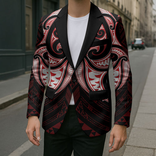 Maori Rugby Custom Ngaru Mangopare Blazer Black Red Whetu Niho Taniwha Motif