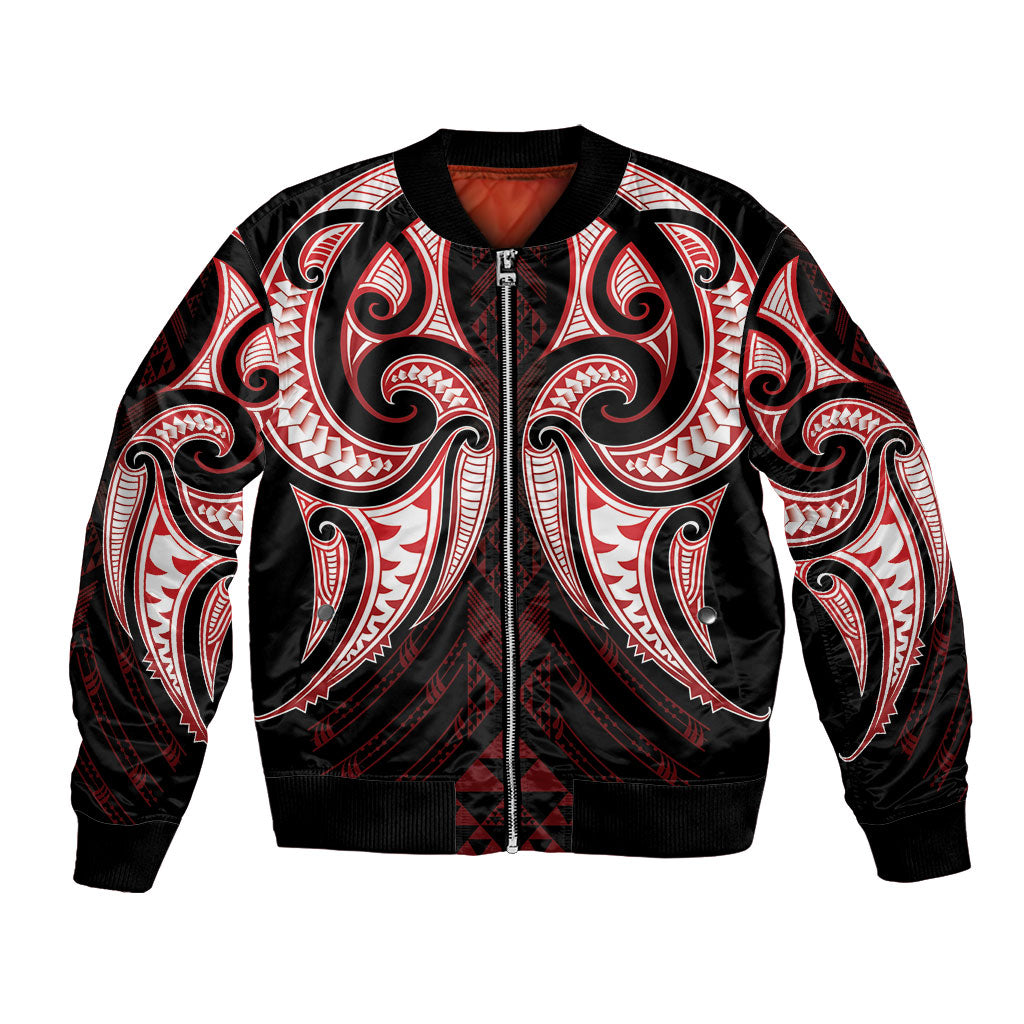 Maori Rugby Custom Ngaru Mangopare Bomber Jacket Black Red Whetu Niho Taniwha Motif