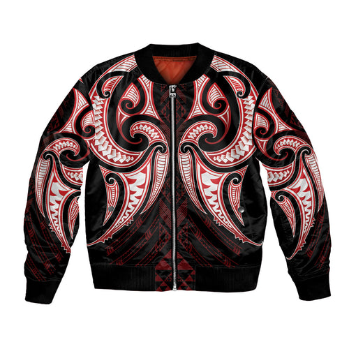 Maori Rugby Custom Ngaru Mangopare Bomber Jacket Black Red Whetu Niho Taniwha Motif