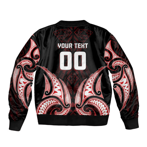 Maori Rugby Custom Ngaru Mangopare Bomber Jacket Black Red Whetu Niho Taniwha Motif