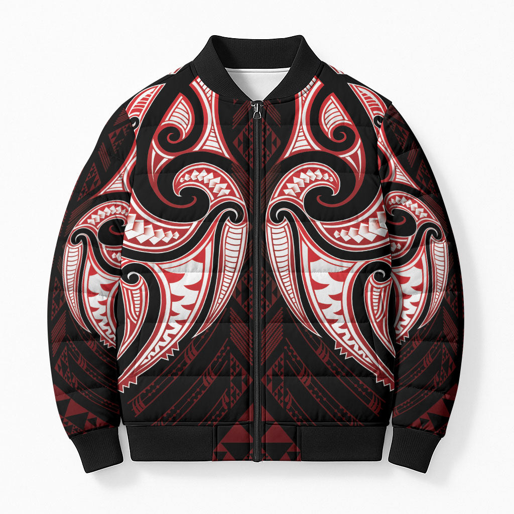 Maori Rugby Custom Ngaru Mangopare Bomber Puffer Jacket Black Red Whetu Niho Taniwha Motif