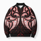 Maori Rugby Custom Ngaru Mangopare Bomber Puffer Jacket Black Red Whetu Niho Taniwha Motif