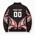 Maori Rugby Custom Ngaru Mangopare Bomber Puffer Jacket Black Red Whetu Niho Taniwha Motif