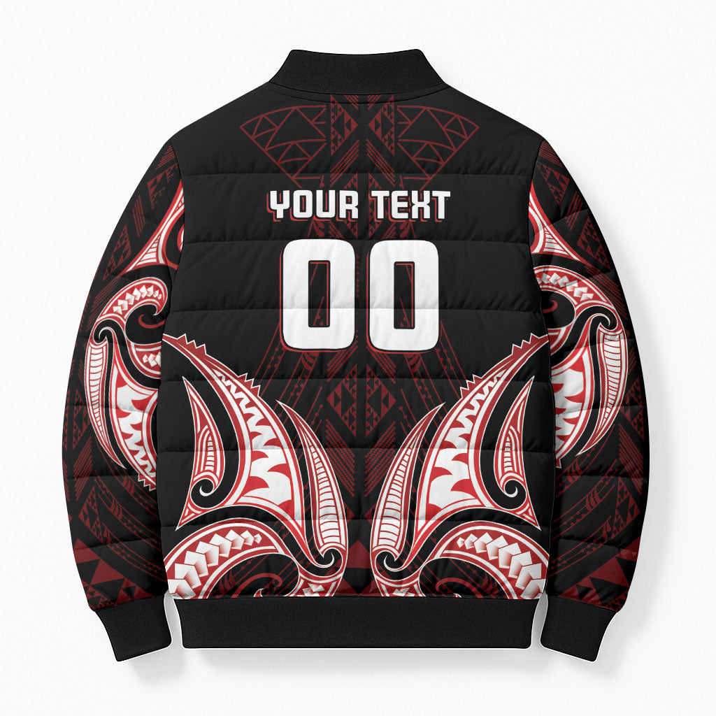 Maori Rugby Custom Ngaru Mangopare Bomber Puffer Jacket Black Red Whetu Niho Taniwha Motif