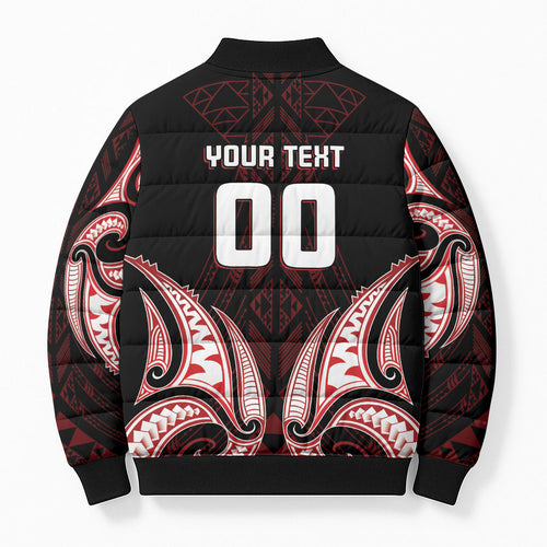 Maori Rugby Custom Ngaru Mangopare Bomber Puffer Jacket Black Red Whetu Niho Taniwha Motif
