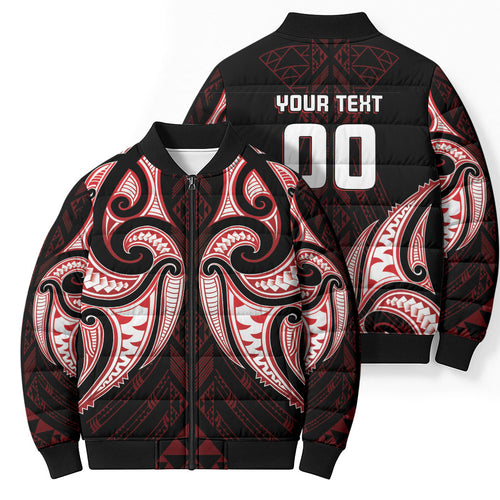 Maori Rugby Custom Ngaru Mangopare Bomber Puffer Jacket Black Red Whetu Niho Taniwha Motif