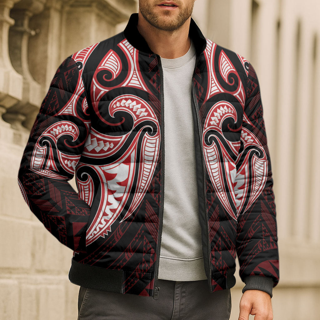 Maori Rugby Custom Ngaru Mangopare Bomber Puffer Jacket Black Red Whetu Niho Taniwha Motif